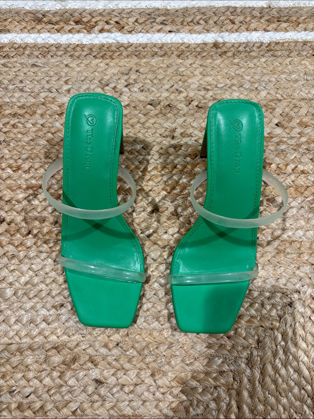The Drop Avery Green Square-Toe Heeled Sandals with Clear Straps